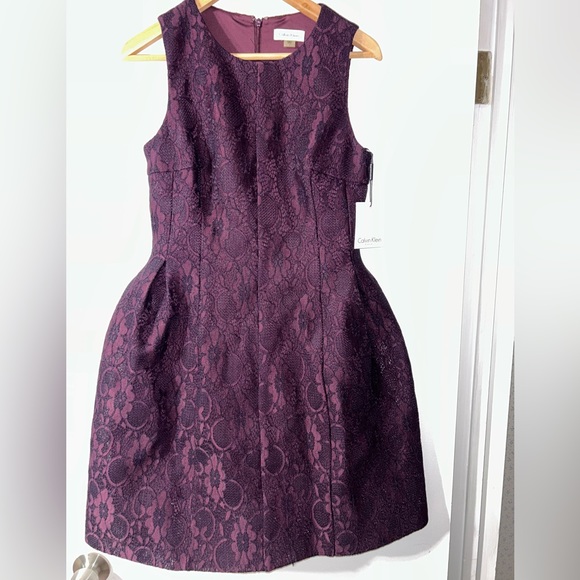 CALVIN KLEIN Size 8 Fit & Flare Dress Thick Lace Sleeveless Lined Purple NWT NEW - Picture 1 of 7